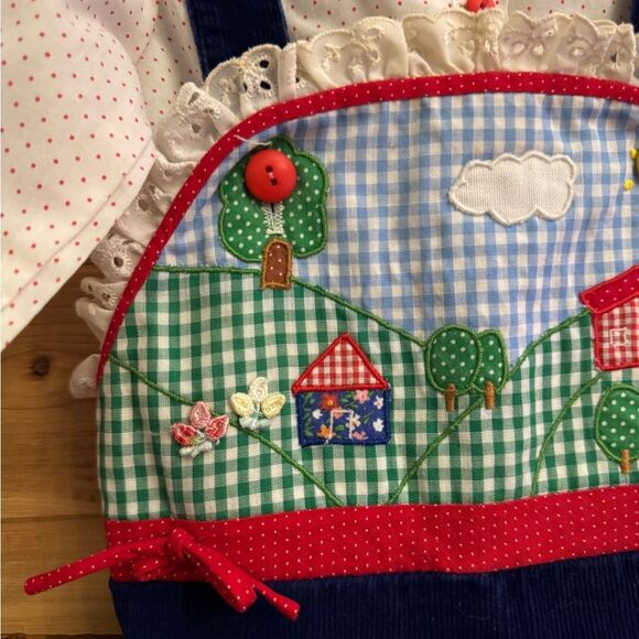 Vintage Girl 2T Farm Cottagecore Embroidered Corduroy Overall Ruffle Top Set - Picture 3 of 12